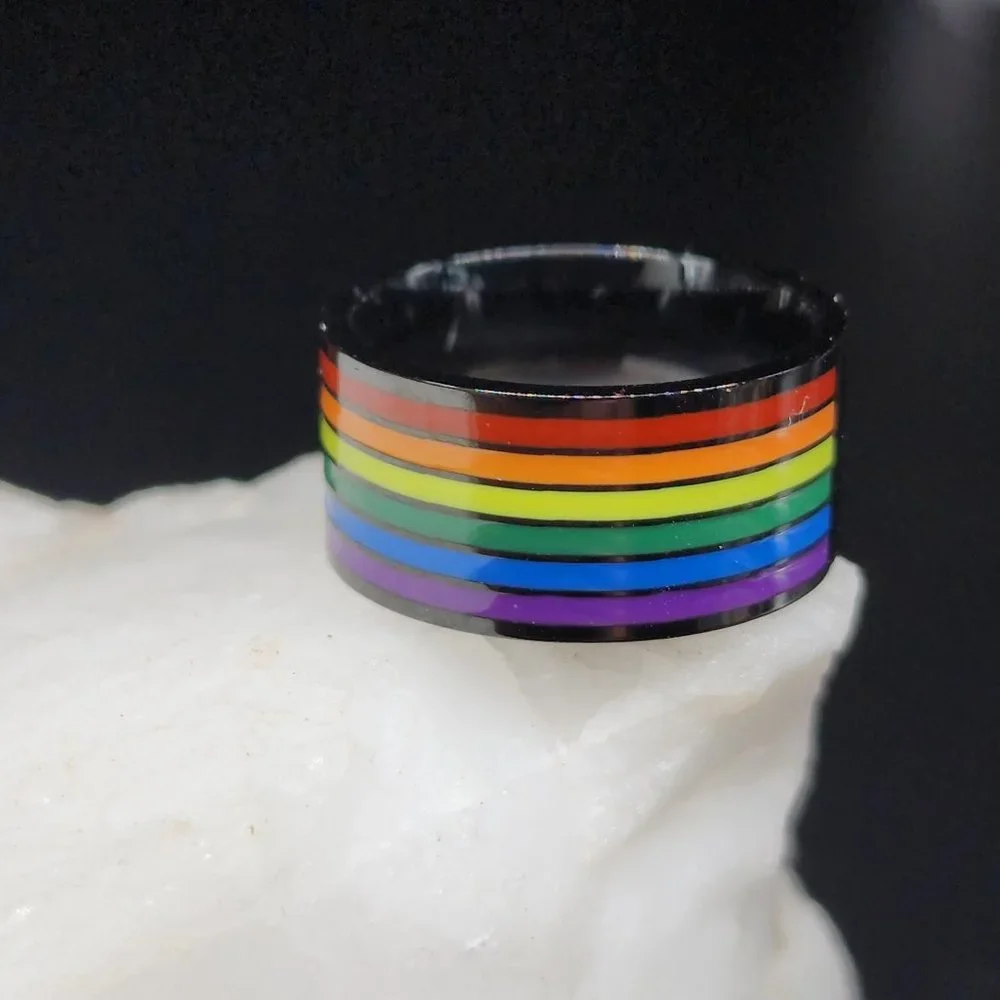 Black Rhodium Rainbow Hand Enameled Designer Ring Unisex Jewelry
